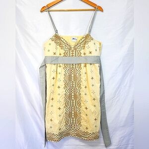 Cotton Babydoll Boho, Tribal Embroidered Spaghetti-Strap Sundress Dress